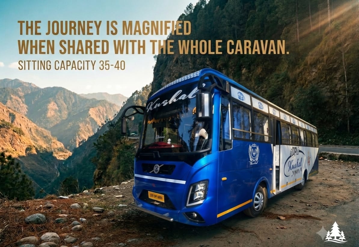 Himalayan Wings blue luxury coach on a Himalayan road