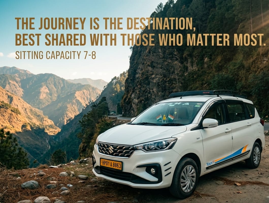 White Maruti Ertiga with roof carrier on a mountain road