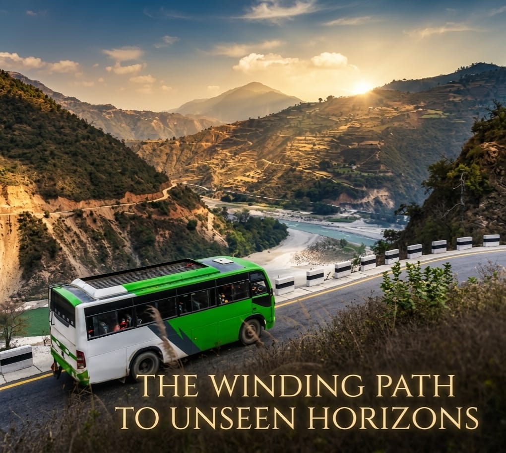 Mini coach climbing a winding Himalayan highway at sunset